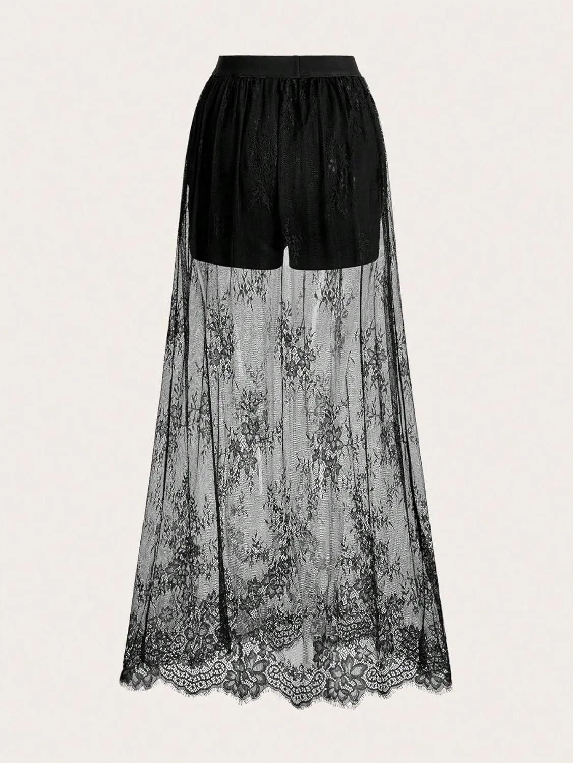 Verdusa Women's Floral Lace Mesh Layered Long Skirt High Rise Flowy Maxi Skirt