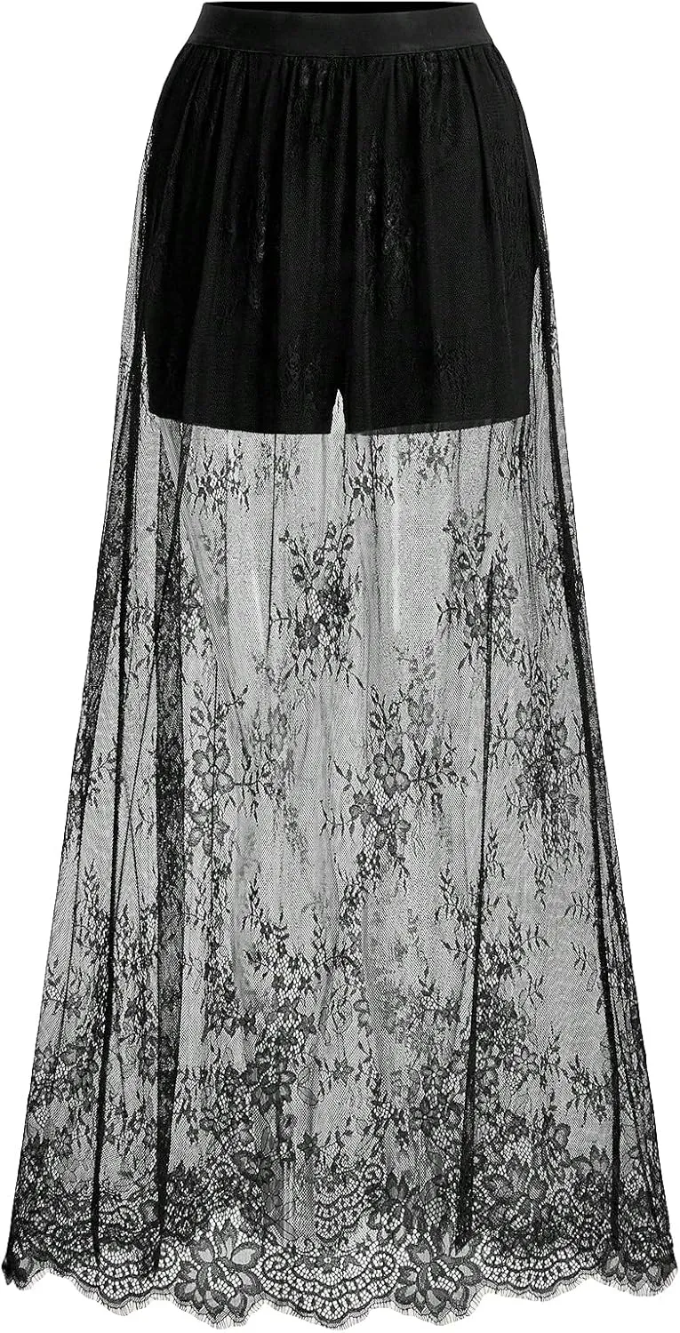 Verdusa Women's Floral Lace Mesh Layered Long Skirt High Rise Flowy Maxi Skirt