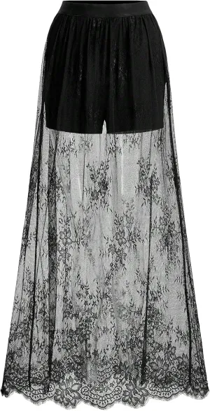 Verdusa Women's Floral Lace Mesh Layered Long Skirt High Rise Flowy Maxi Skirt