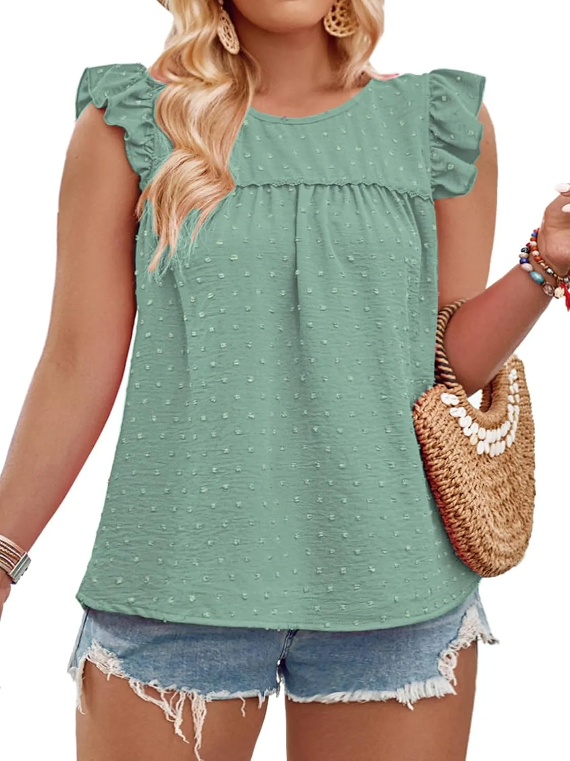 VISLILY Womens-Plus-Size-Summer-Tank-Tops Ruffle Cap Sleeveless T Shirts Crewneck Swiss Dot Blouses Pleated Casual Tee