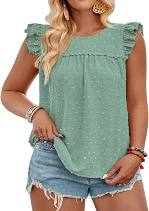 VISLILY Womens-Plus-Size-Summer-Tank-Tops Ruffle Cap Sleeveless T Shirts Crewneck Swiss Dot Blouses Pleated Casual Tee