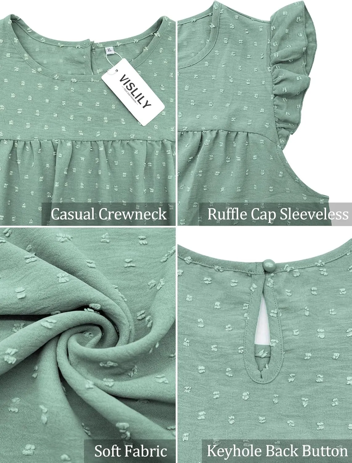 VISLILY Womens-Plus-Size-Summer-Tank-Tops Ruffle Cap Sleeveless T Shirts Crewneck Swiss Dot Blouses Pleated Casual Tee