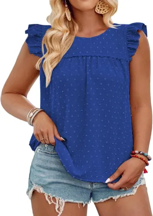 VISLILY Womens-Plus-Size-Summer-Tank-Tops Ruffle Cap Sleeveless T Shirts Crewneck Swiss Dot Blouses Pleated Casual Tee