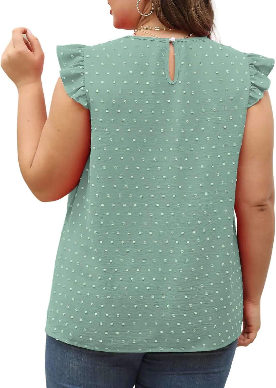 VISLILY Womens-Plus-Size-Summer-Tank-Tops Ruffle Cap Sleeveless T Shirts Crewneck Swiss Dot Blouses Pleated Casual Tee