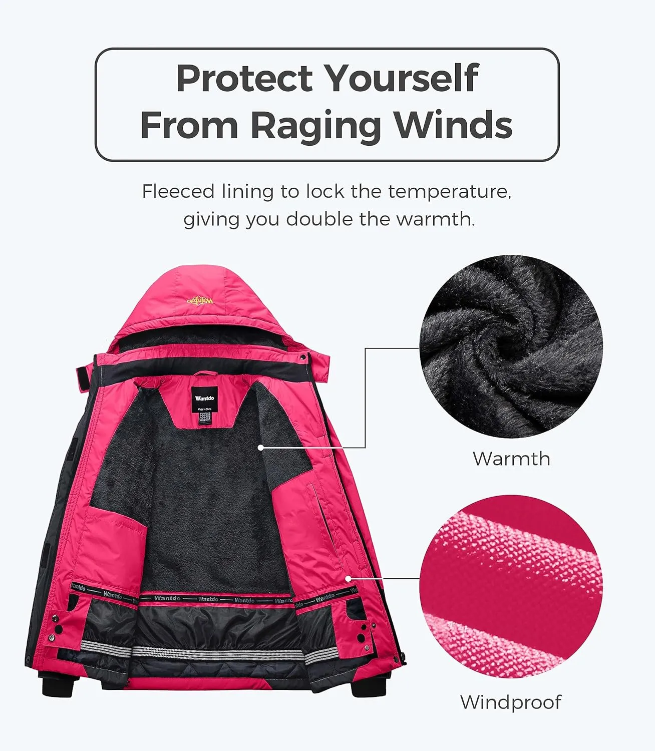 wantdo Women's Mountain Waterproof Ski Jacket Windproof Rain Jacket Winter Warm Hooded Coat