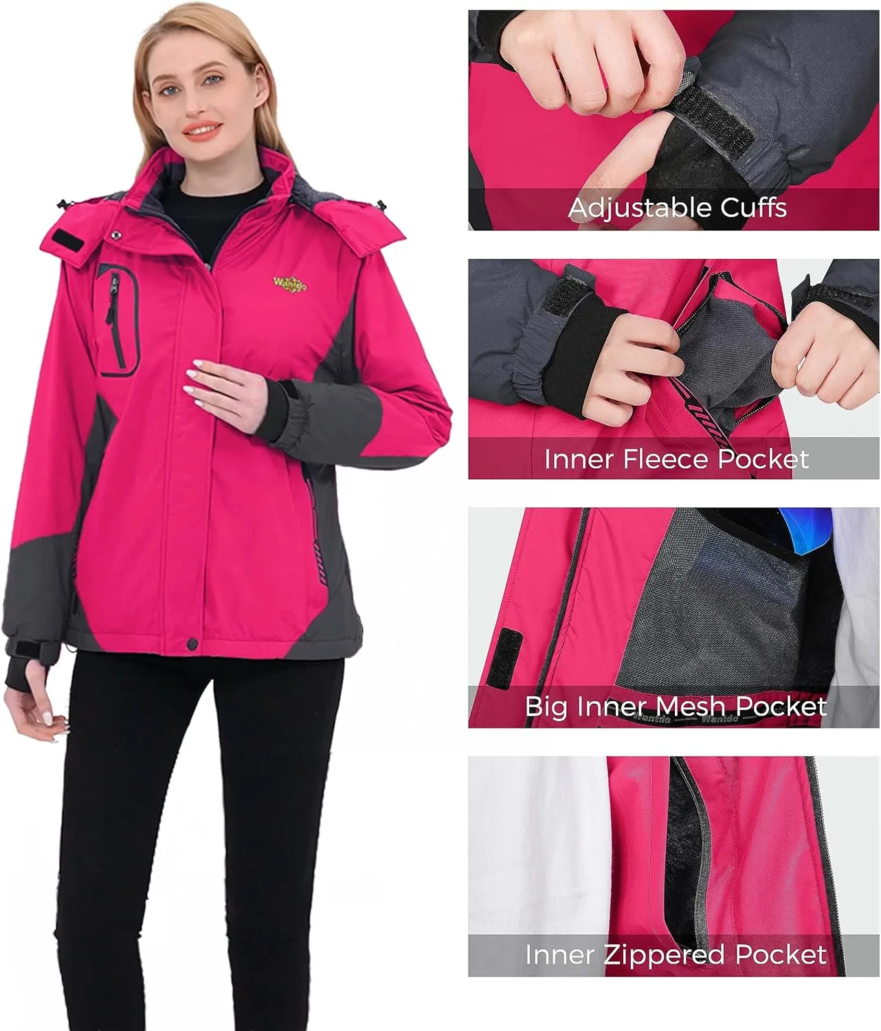 wantdo Women's Mountain Waterproof Ski Jacket Windproof Rain Jacket Winter Warm Hooded Coat