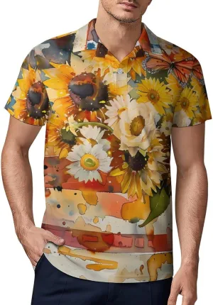 Watercolor American Sunflower Butterfly Flag Men's Polo Shirt Short Sleeve Casual Athletic Quick Dry Golf T-Shirts