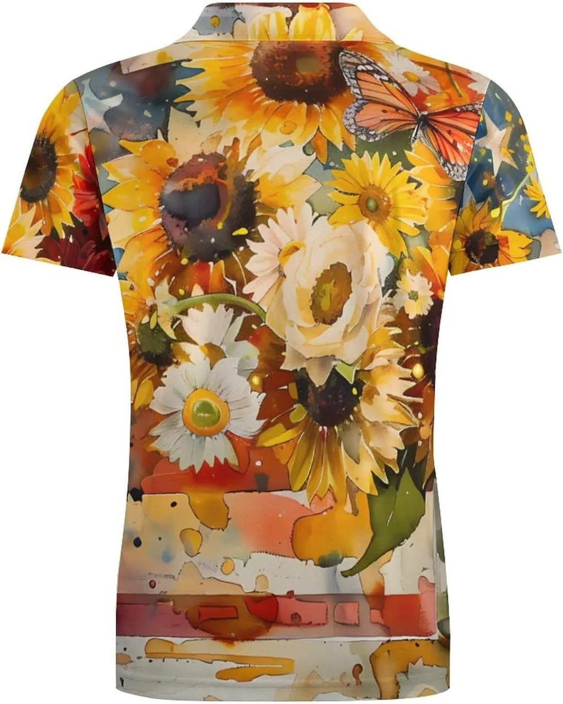 Watercolor American Sunflower Butterfly Flag Men's Polo Shirt Short Sleeve Casual Athletic Quick Dry Golf T-Shirts