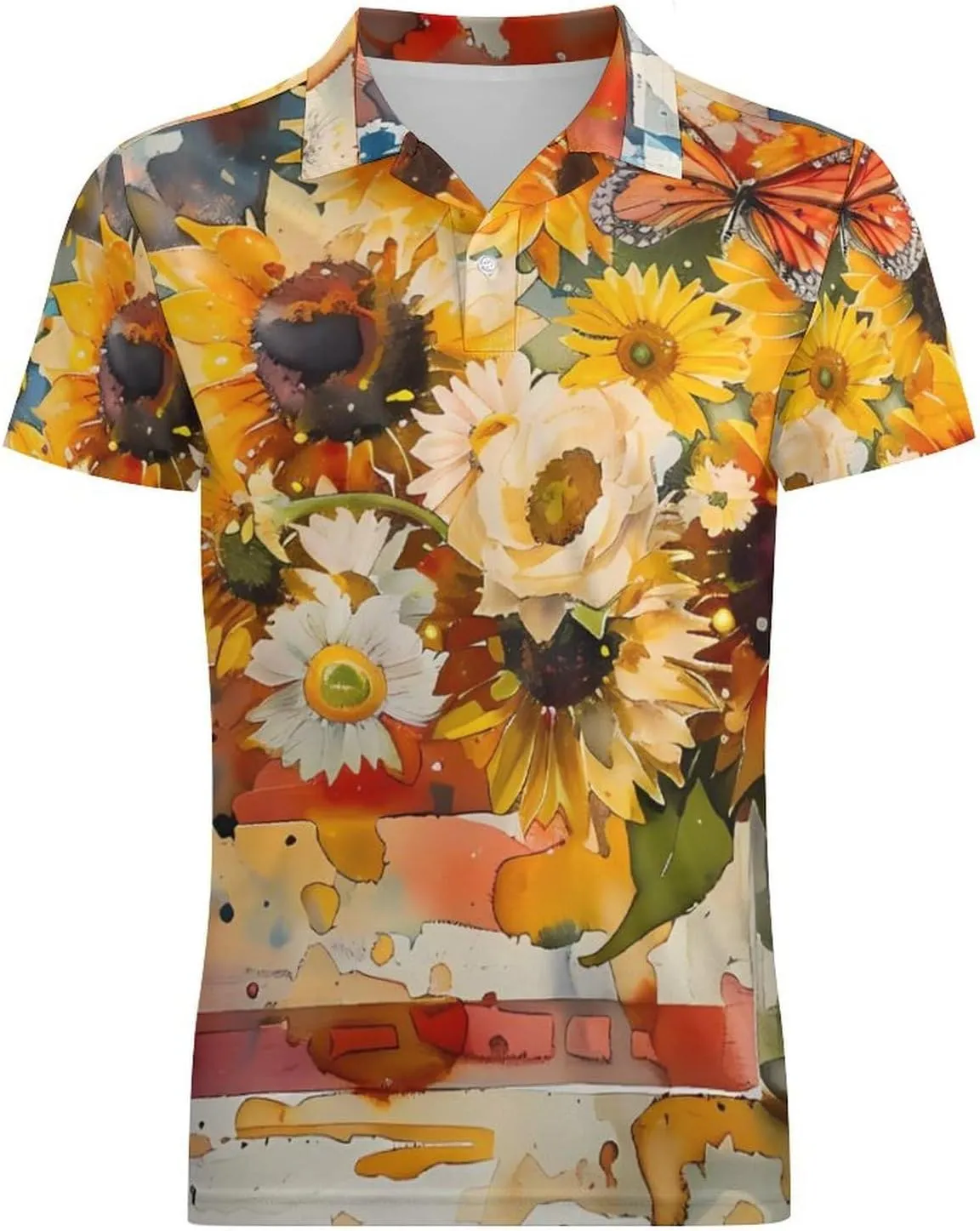 Watercolor American Sunflower Butterfly Flag Men's Polo Shirt Short Sleeve Casual Athletic Quick Dry Golf T-Shirts