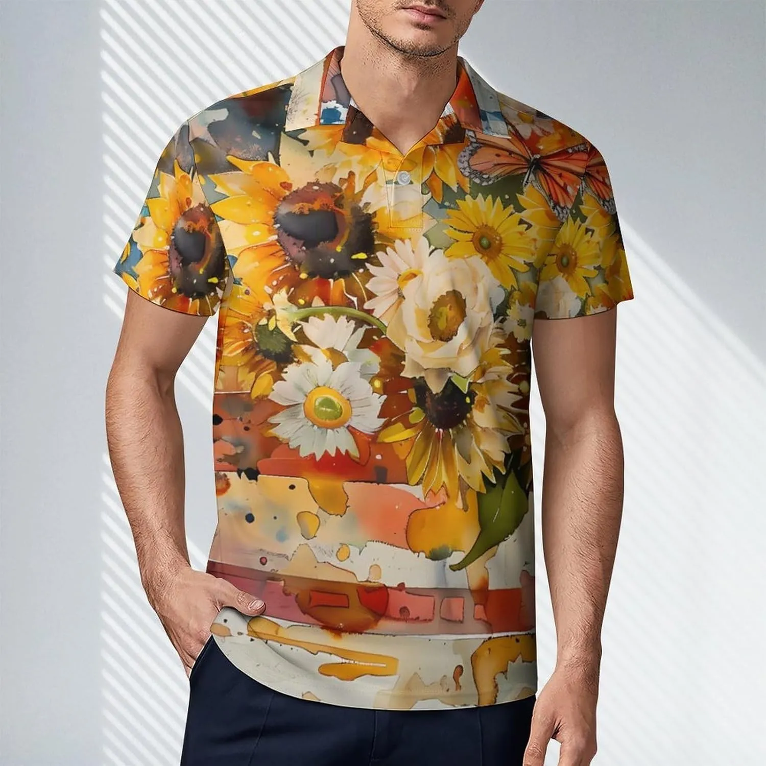 Watercolor American Sunflower Butterfly Flag Men's Polo Shirt Short Sleeve Casual Athletic Quick Dry Golf T-Shirts