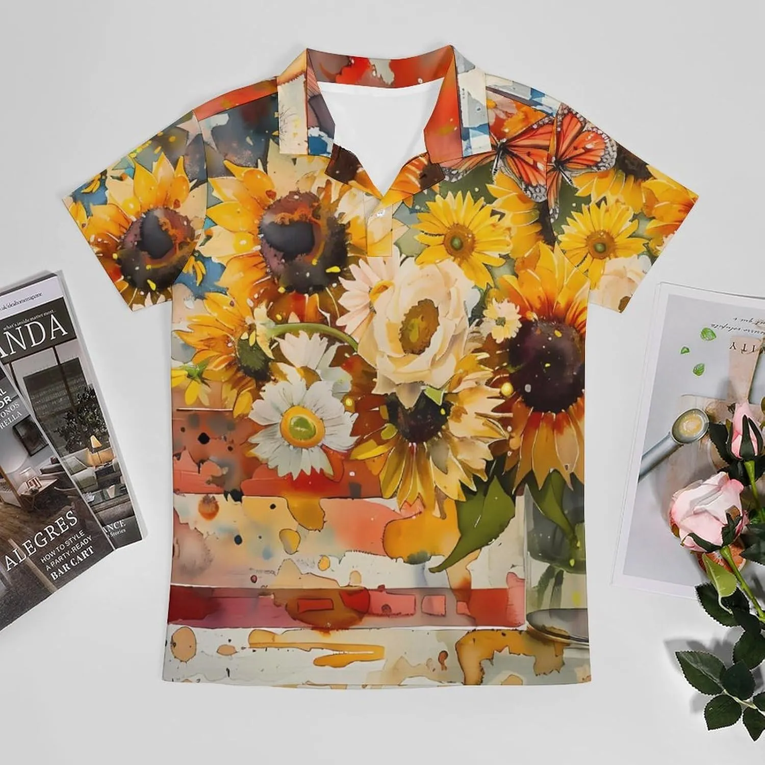 Watercolor American Sunflower Butterfly Flag Men's Polo Shirt Short Sleeve Casual Athletic Quick Dry Golf T-Shirts