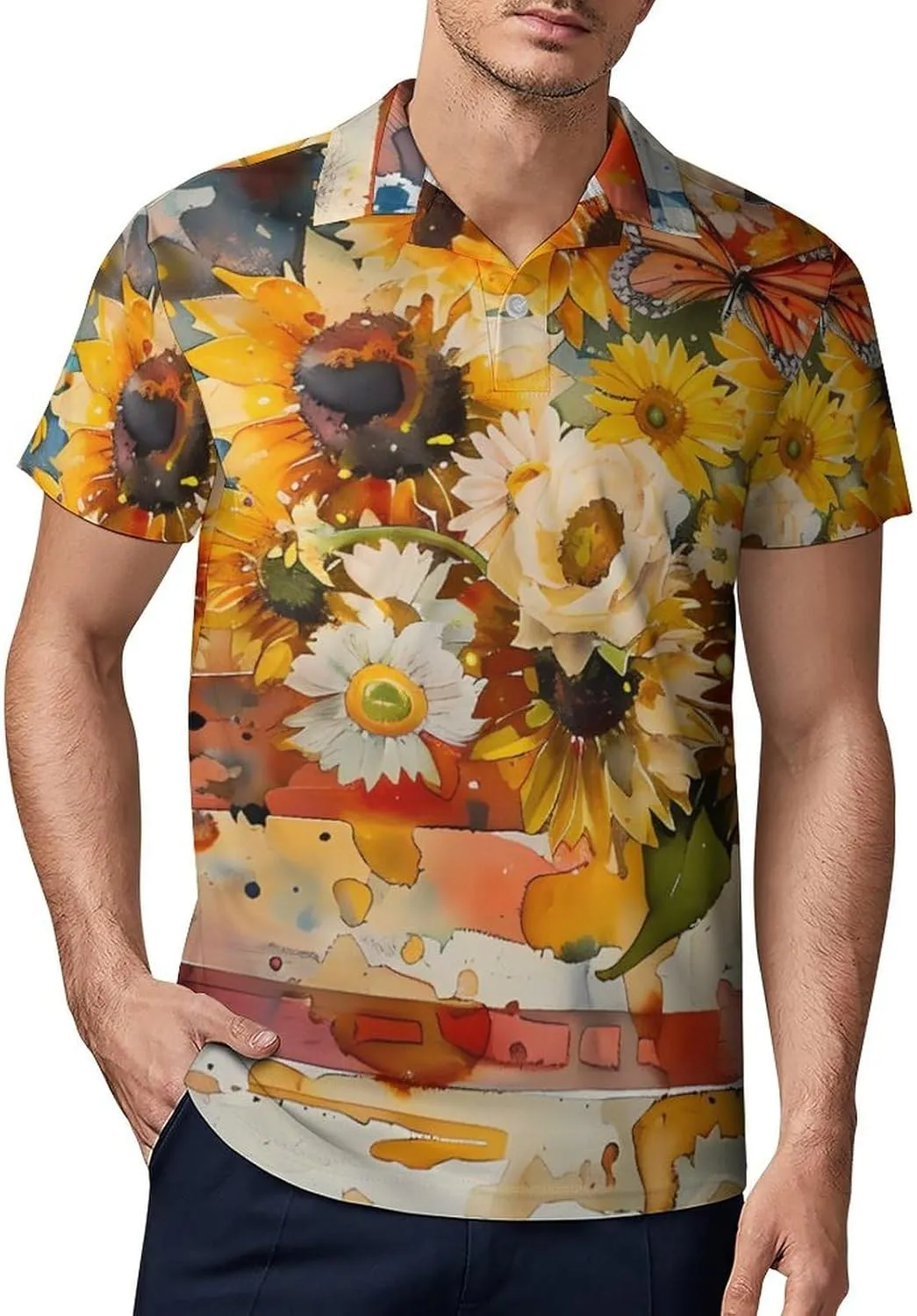 Watercolor American Sunflower Butterfly Flag Men's Polo Shirt Short Sleeve Casual Athletic Quick Dry Golf T-Shirts