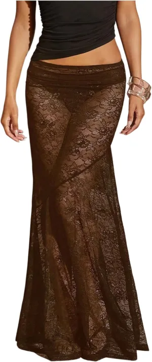 WDIRARA Women's Sexy See Through Floral Lace Sheer Maxi Skirts Elastic Waist Bodycon Long Mermaid Skirt
