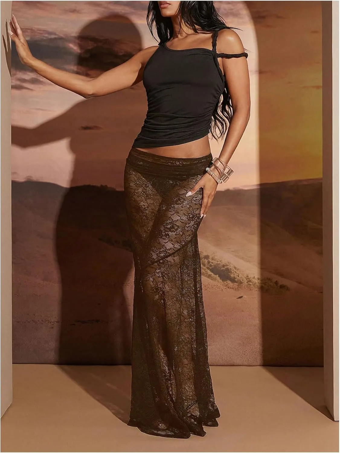 WDIRARA Women's Sexy See Through Floral Lace Sheer Maxi Skirts Elastic Waist Bodycon Long Mermaid Skirt