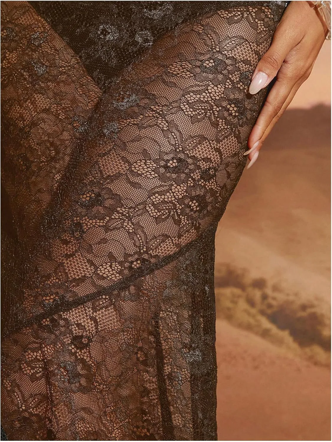 WDIRARA Women's Sexy See Through Floral Lace Sheer Maxi Skirts Elastic Waist Bodycon Long Mermaid Skirt