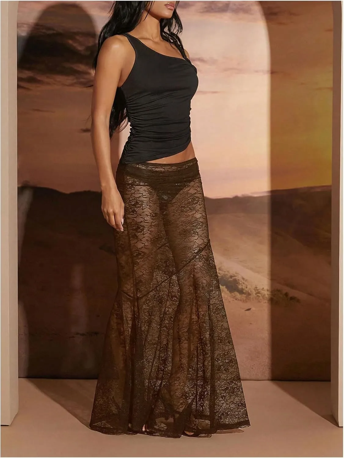 WDIRARA Women's Sexy See Through Floral Lace Sheer Maxi Skirts Elastic Waist Bodycon Long Mermaid Skirt