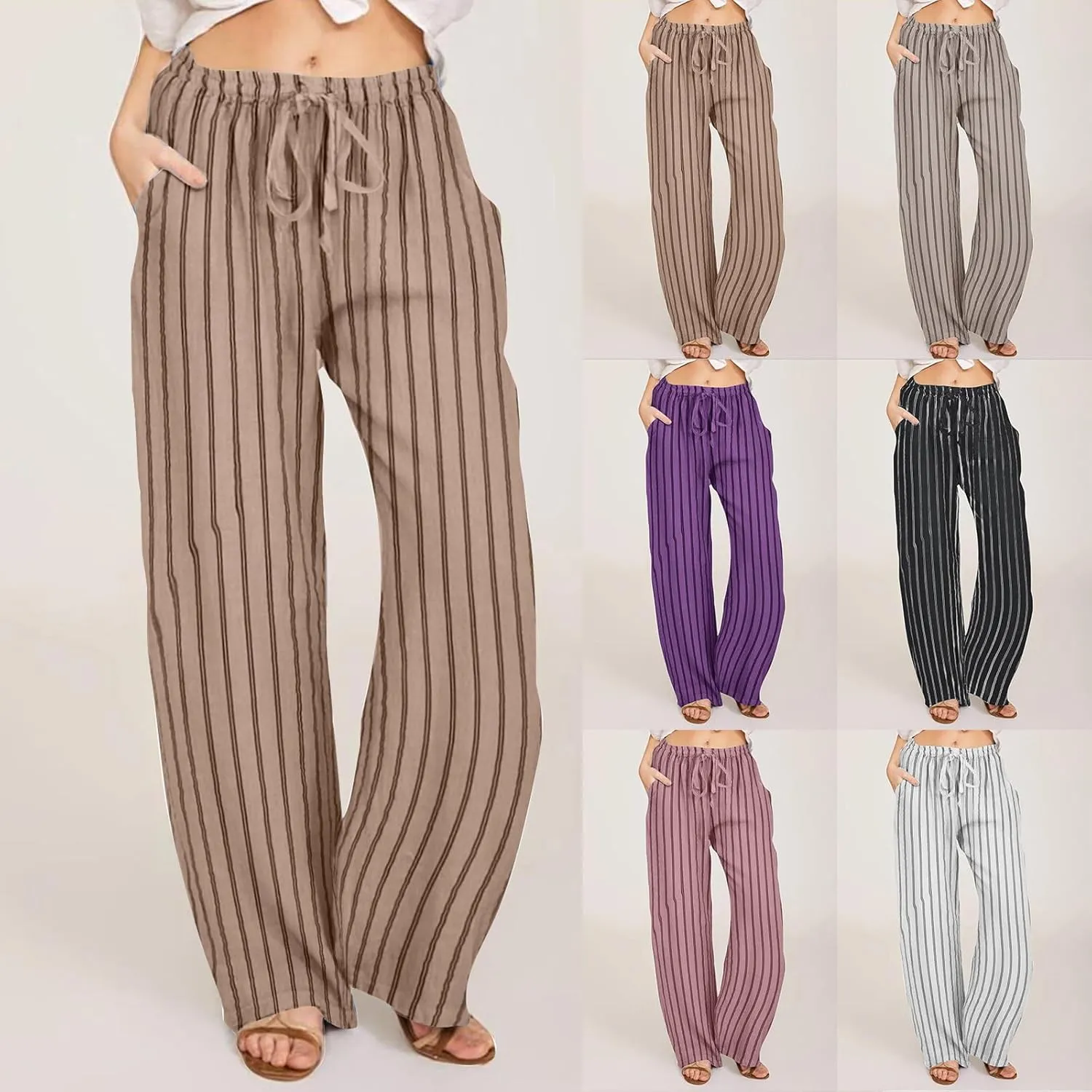 Wide Leg Cotton Linen Pants Women 2025 Summer Lightweight Lounge Pants High Waisted Loose Slacks Trousers with Pockets