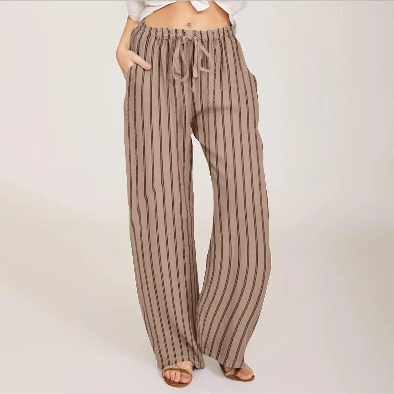 Wide Leg Cotton Linen Pants Women 2025 Summer Lightweight Lounge Pants High Waisted Loose Slacks Trousers with Pockets