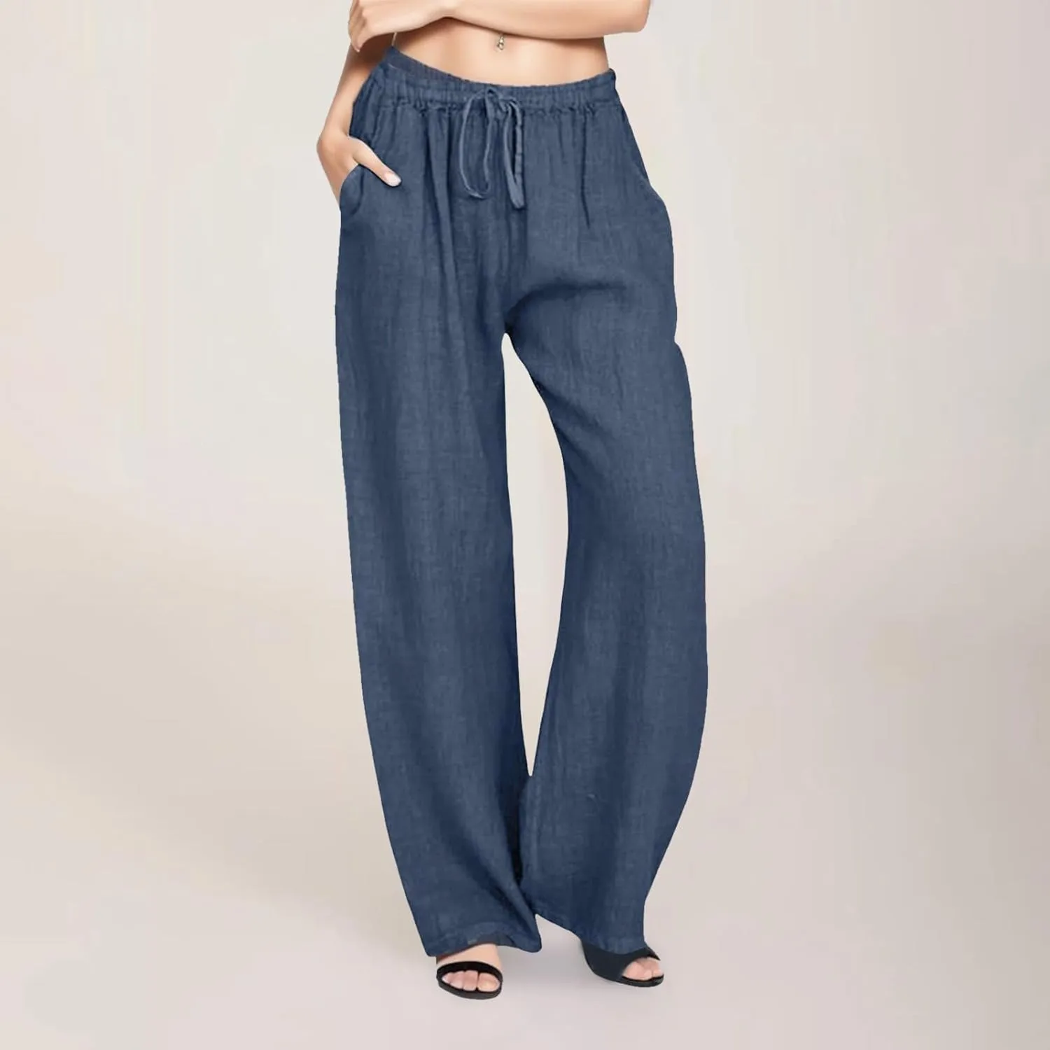 Wide Leg Linen Pants for Women 2025 Baggy Y2K Summer Stretchy Boho Beach Pants High Waist Plus Size Lounge Palazzo Trousers