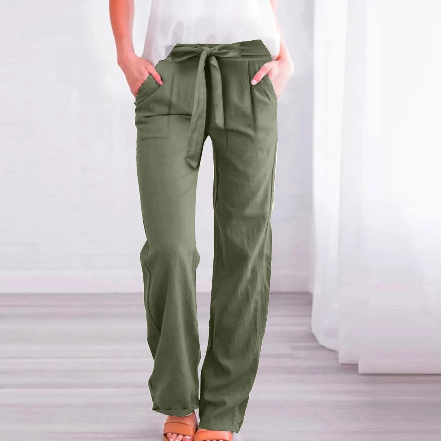 Wide Leg Linen Pants for Women Baggy Lightweight Casual Pants High Waist Drawstring Palazzo Pants Trousers w/Pockets