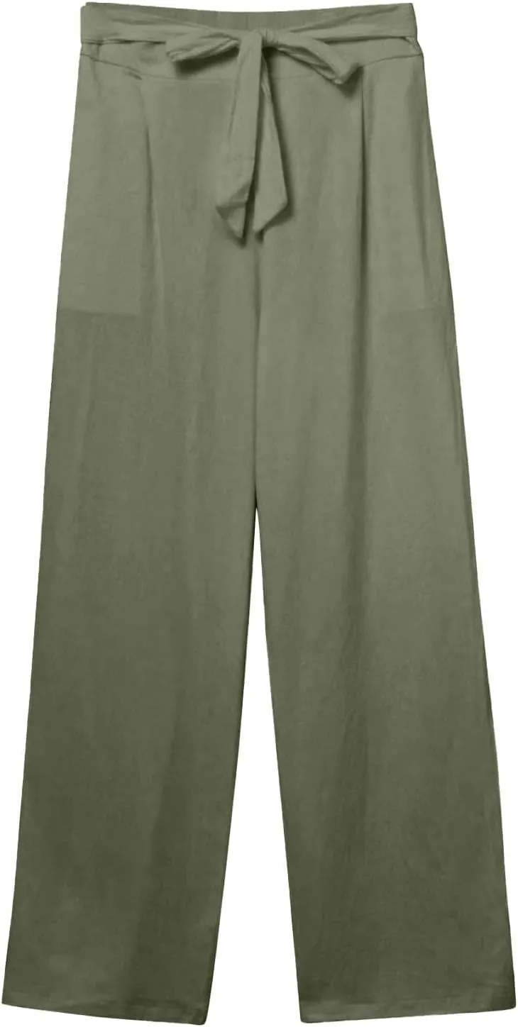 Wide Leg Linen Pants for Women Baggy Lightweight Casual Pants High Waist Drawstring Palazzo Pants Trousers w/Pockets