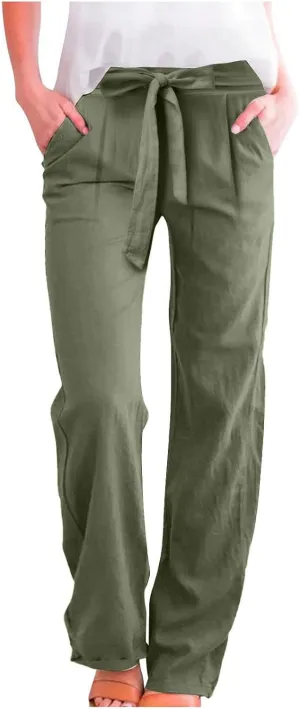Wide Leg Linen Pants for Women Baggy Lightweight Casual Pants High Waist Drawstring Palazzo Pants Trousers w/Pockets