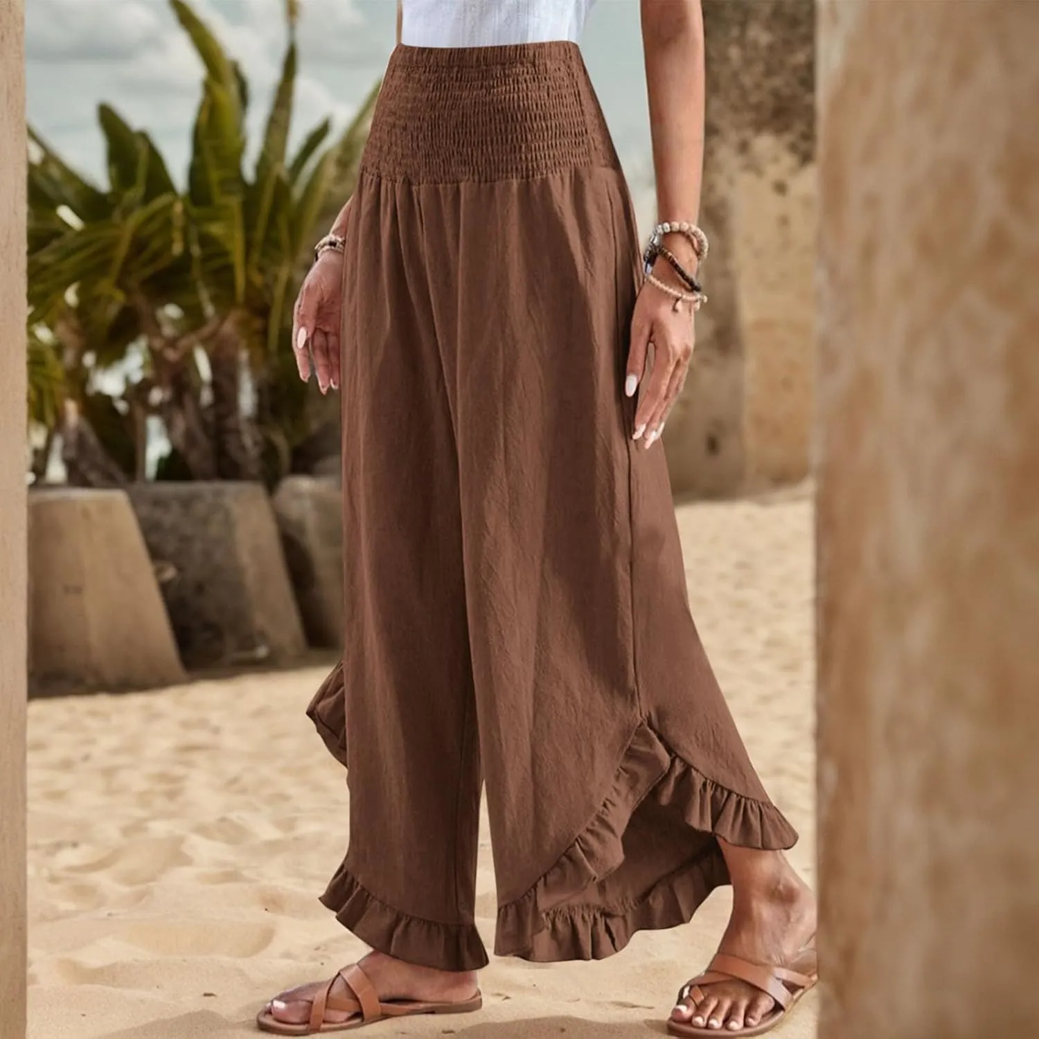 Wide Leg Linen Pants for Women Smocked Elastic Waist Ruffle Hem Holiday Beach Pants with Pockets Summer Palazzo Pants