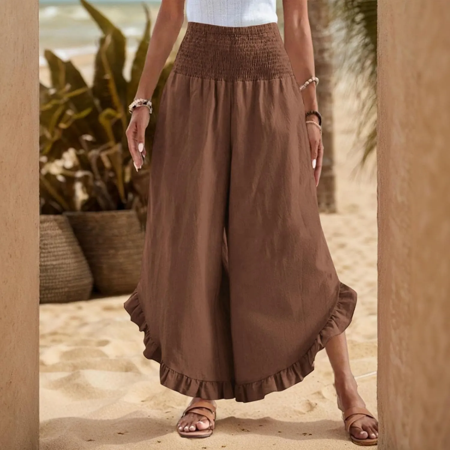 Wide Leg Linen Pants for Women Smocked Elastic Waist Ruffle Hem Holiday Beach Pants with Pockets Summer Palazzo Pants