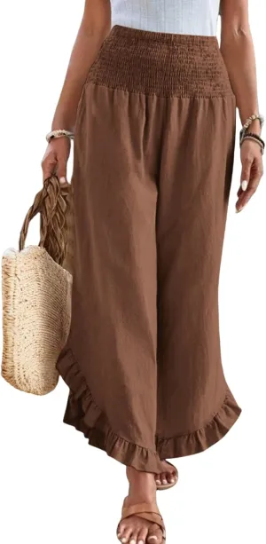 Wide Leg Linen Pants for Women Smocked Elastic Waist Ruffle Hem Holiday Beach Pants with Pockets Summer Palazzo Pants