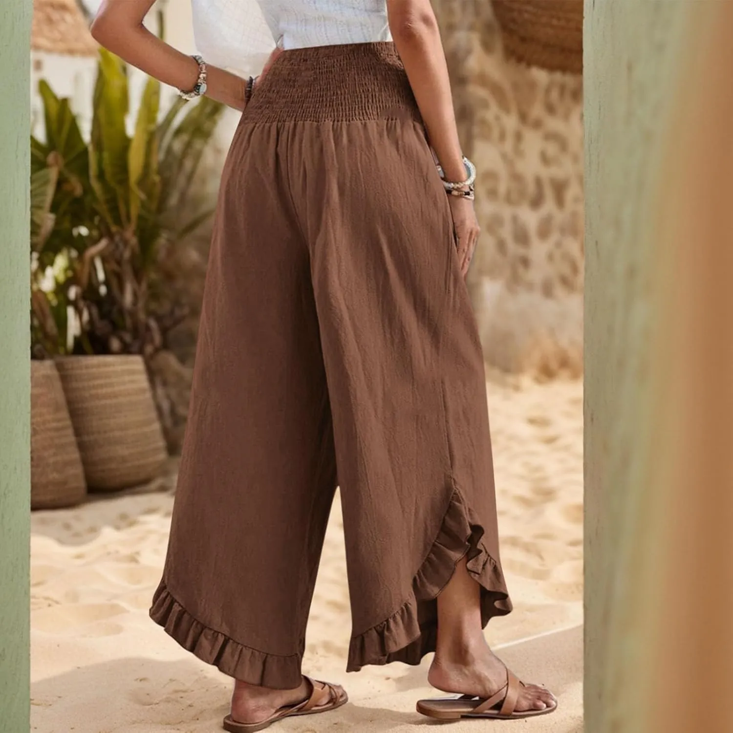 Wide Leg Linen Pants for Women Smocked Elastic Waist Ruffle Hem Holiday Beach Pants with Pockets Summer Palazzo Pants