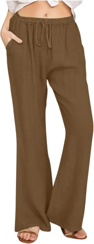 Wide Leg Palazzo Pants for Women Summer Basic Plain Linen Pants Beach Causal Drawstring Trousers with Pockets