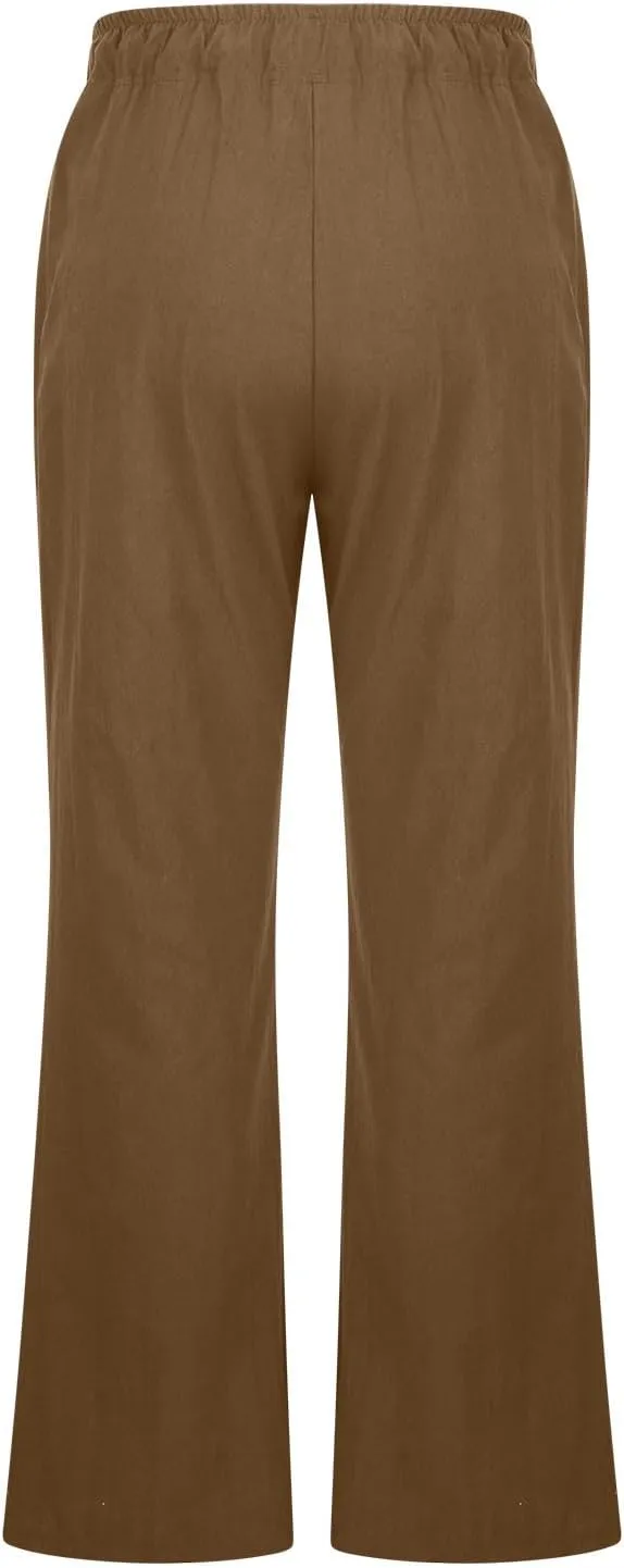 Wide Leg Palazzo Pants for Women Summer Basic Plain Linen Pants Beach Causal Drawstring Trousers with Pockets