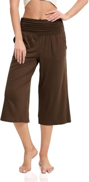 Wide Leg Pants for Womens High Waist Flowy Elastic Waist Loose Trousers Pleated Solid Color Elegant Capris Pants