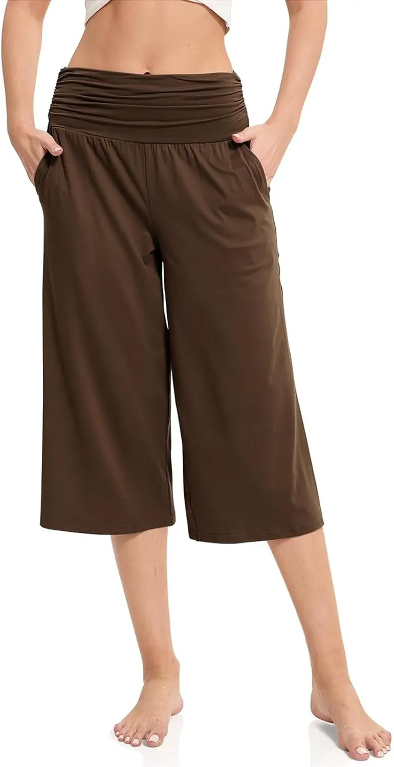 Wide Leg Pants for Womens High Waist Flowy Elastic Waist Loose Trousers Pleated Solid Color Elegant Capris Pants