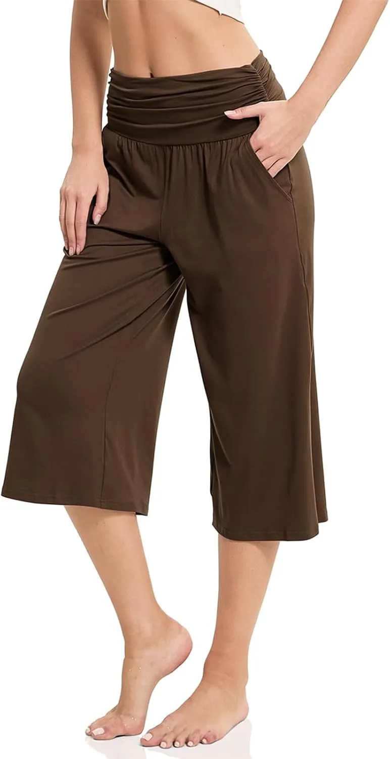 Wide Leg Pants for Womens High Waist Flowy Elastic Waist Loose Trousers Pleated Solid Color Elegant Capris Pants