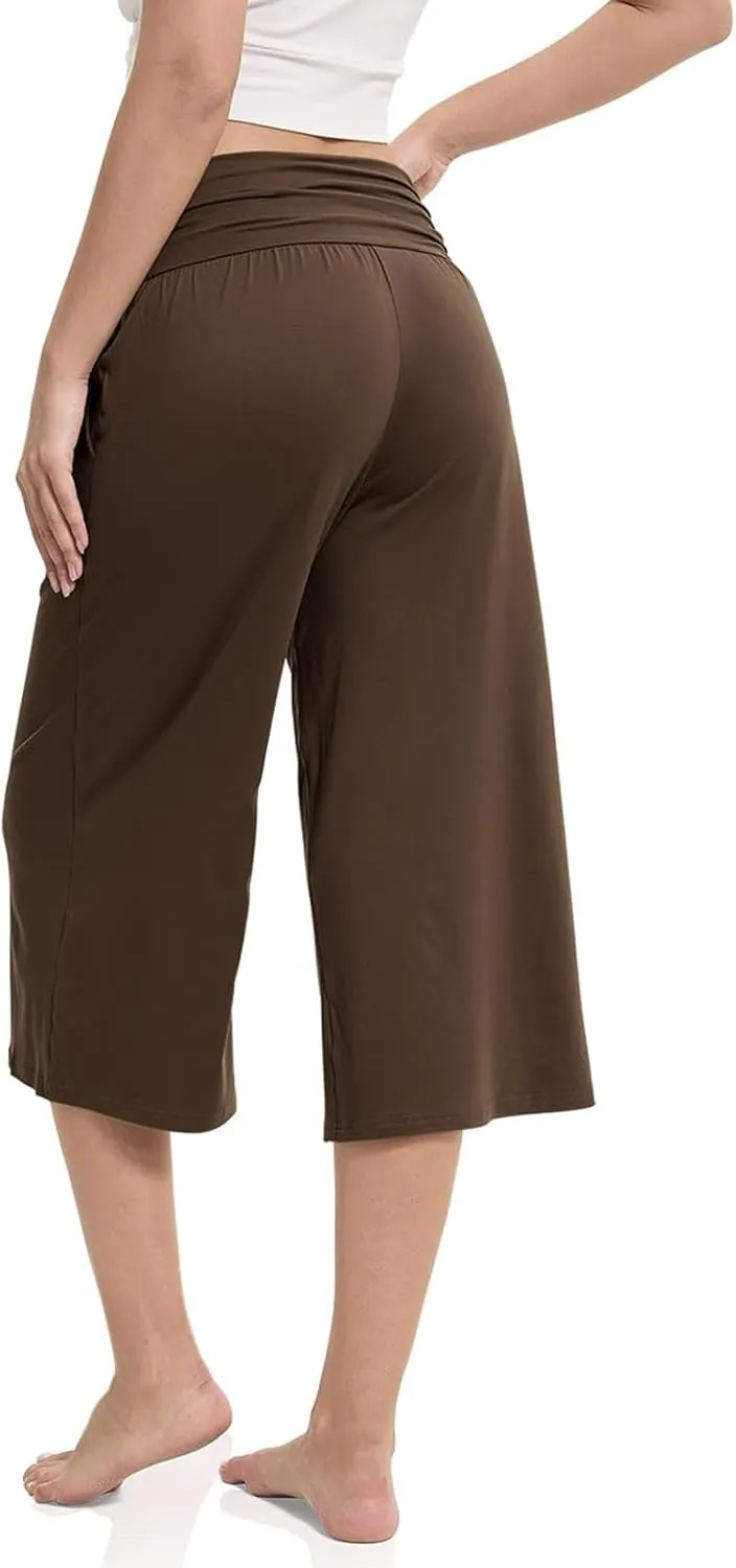 Wide Leg Pants for Womens High Waist Flowy Elastic Waist Loose Trousers Pleated Solid Color Elegant Capris Pants