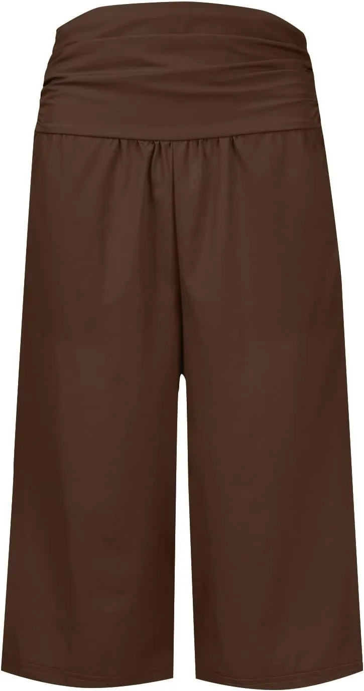 Wide Leg Pants for Womens High Waist Flowy Elastic Waist Loose Trousers Pleated Solid Color Elegant Capris Pants