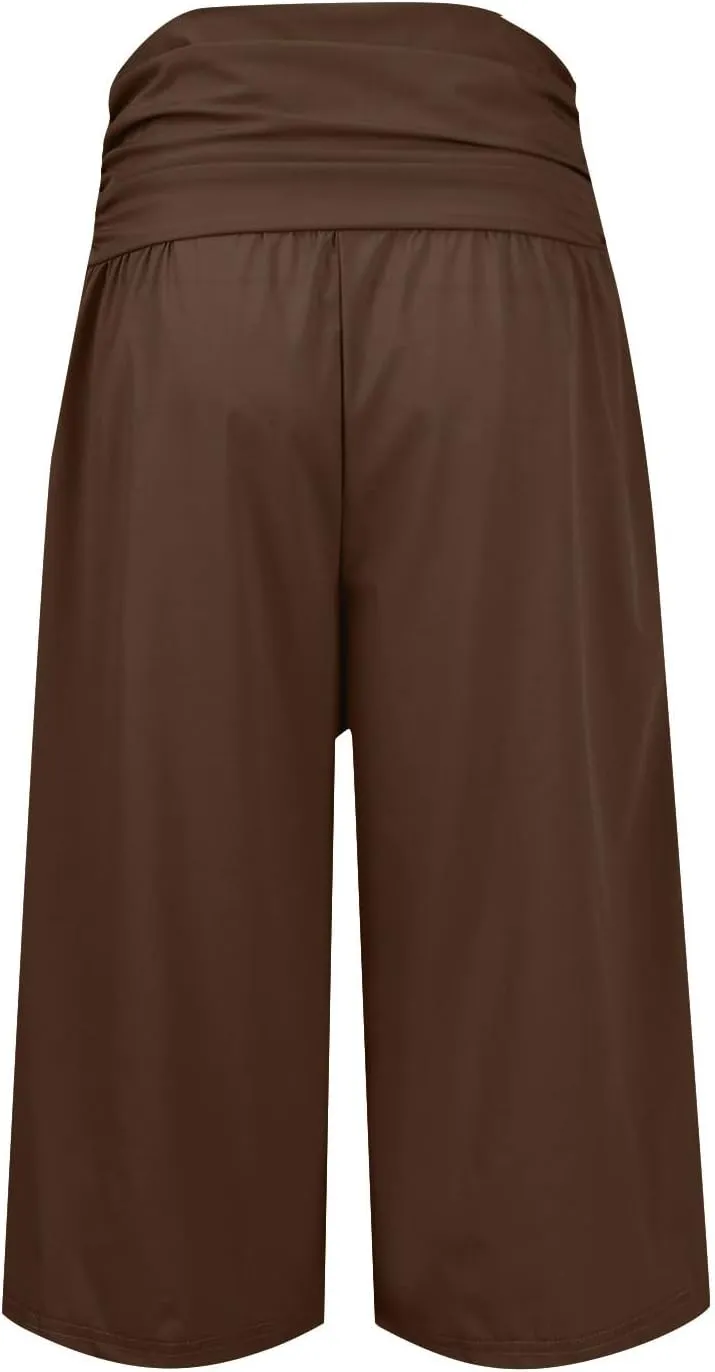 Wide Leg Pants for Womens High Waist Flowy Elastic Waist Loose Trousers Pleated Solid Color Elegant Capris Pants