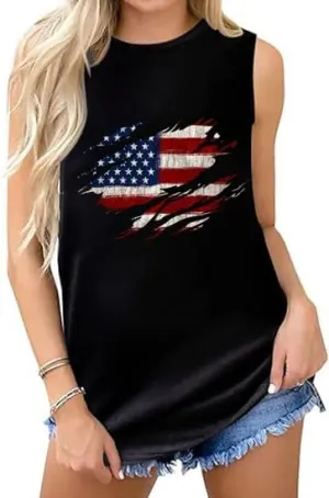 Women 4th of July V-Neck Tank Tops American Flag Print Vest USA Flag Sleeveless Tee Patriotic Summer Shirts