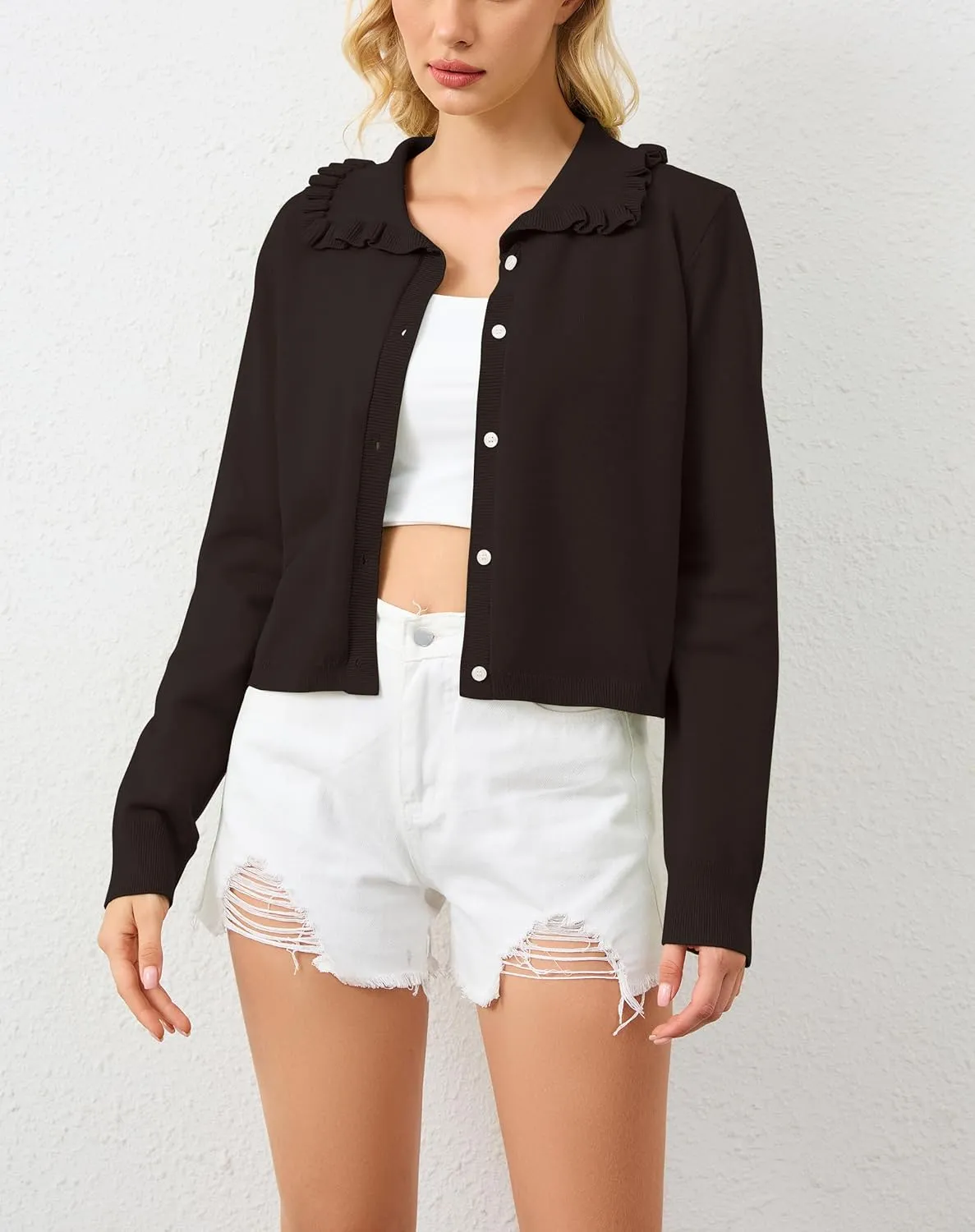 Women Button Dwon Long Sleebe Ruffle Lapel Solid Loose Sweater Cardigan Open Front Knit Cardigans Jacket