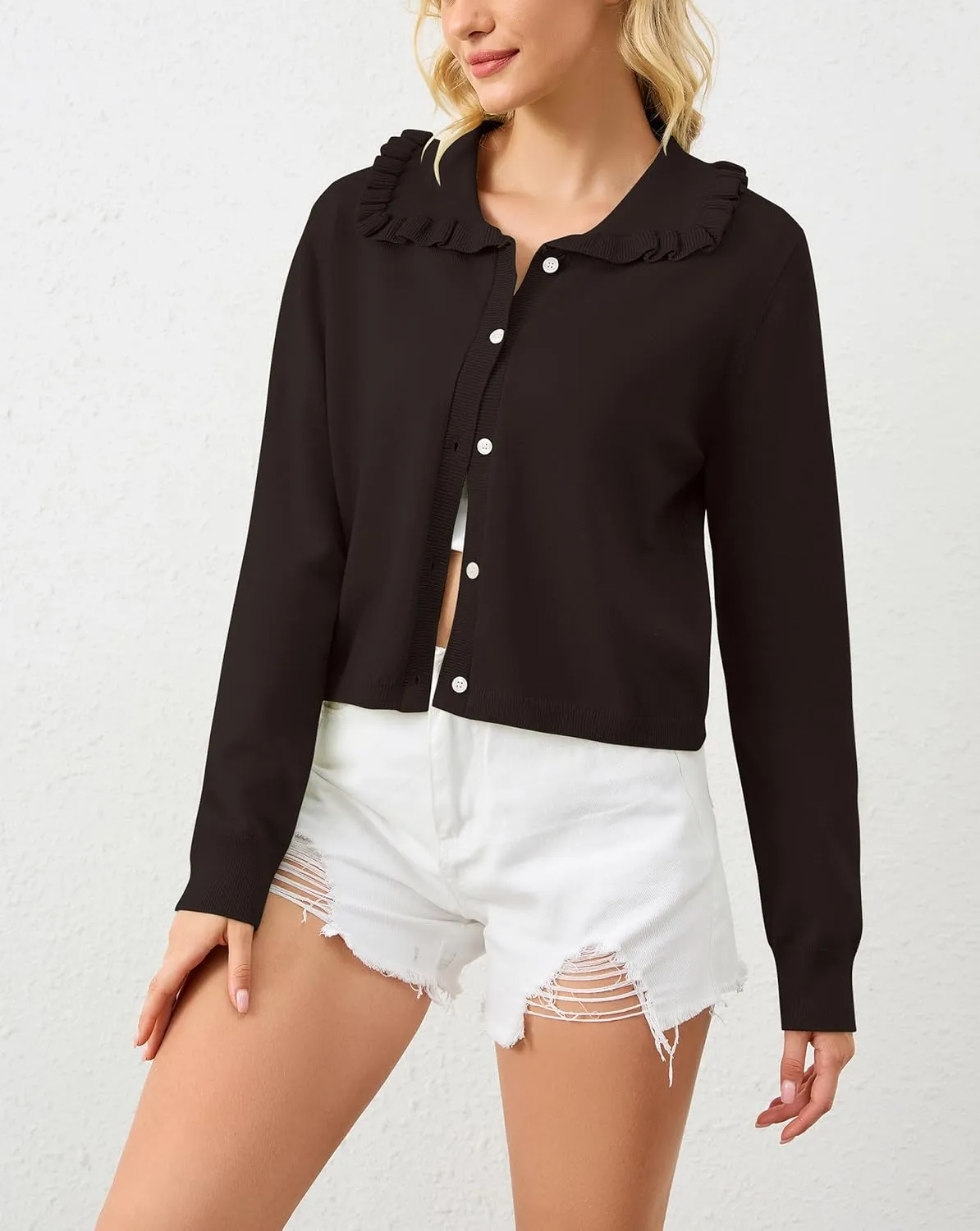 Women Button Dwon Long Sleebe Ruffle Lapel Solid Loose Sweater Cardigan Open Front Knit Cardigans Jacket