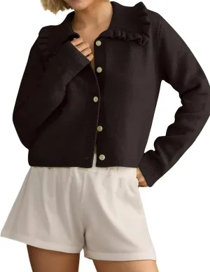Women Button Dwon Long Sleebe Ruffle Lapel Solid Loose Sweater Cardigan Open Front Knit Cardigans Jacket