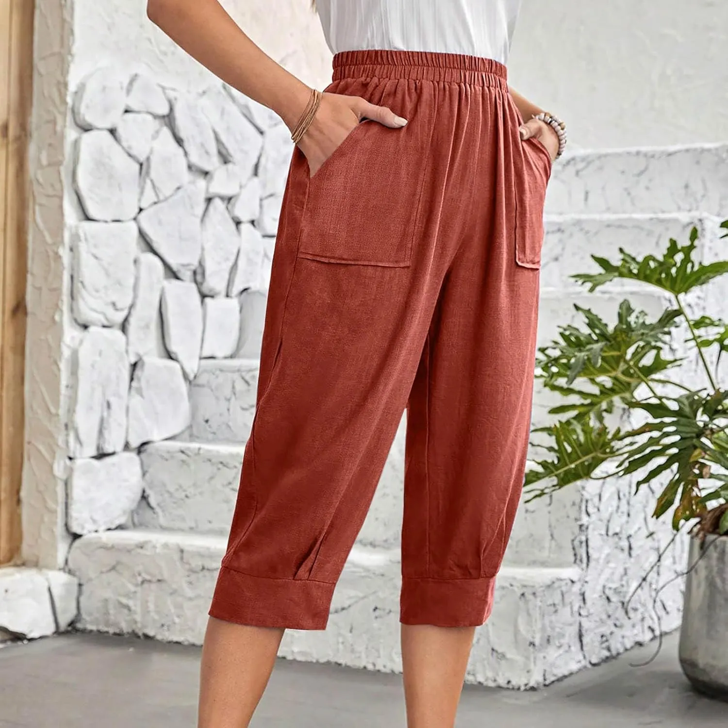 Women Capri Pants Fashion Casual Color Elastic Loose Pants Straight Wide Leg Trousers Vacation Outfits for Women