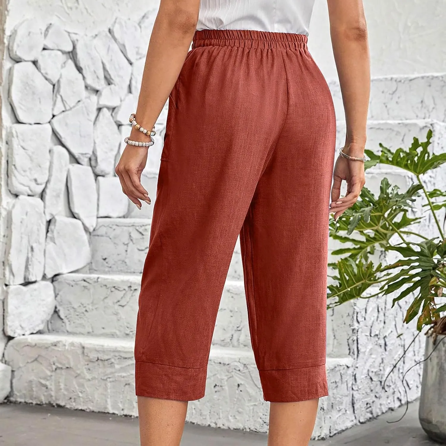 Women Capri Pants Fashion Casual Color Elastic Loose Pants Straight Wide Leg Trousers Vacation Outfits for Women