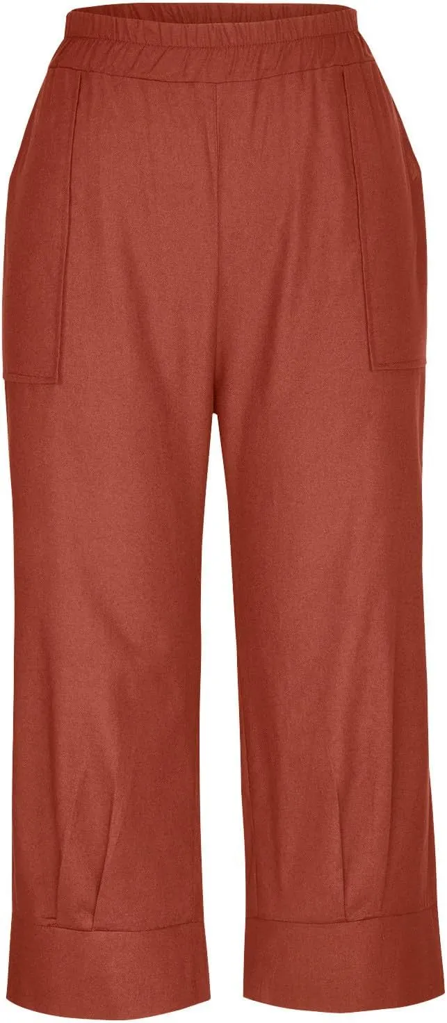 Women Capri Pants Fashion Casual Color Elastic Loose Pants Straight Wide Leg Trousers Vacation Outfits for Women