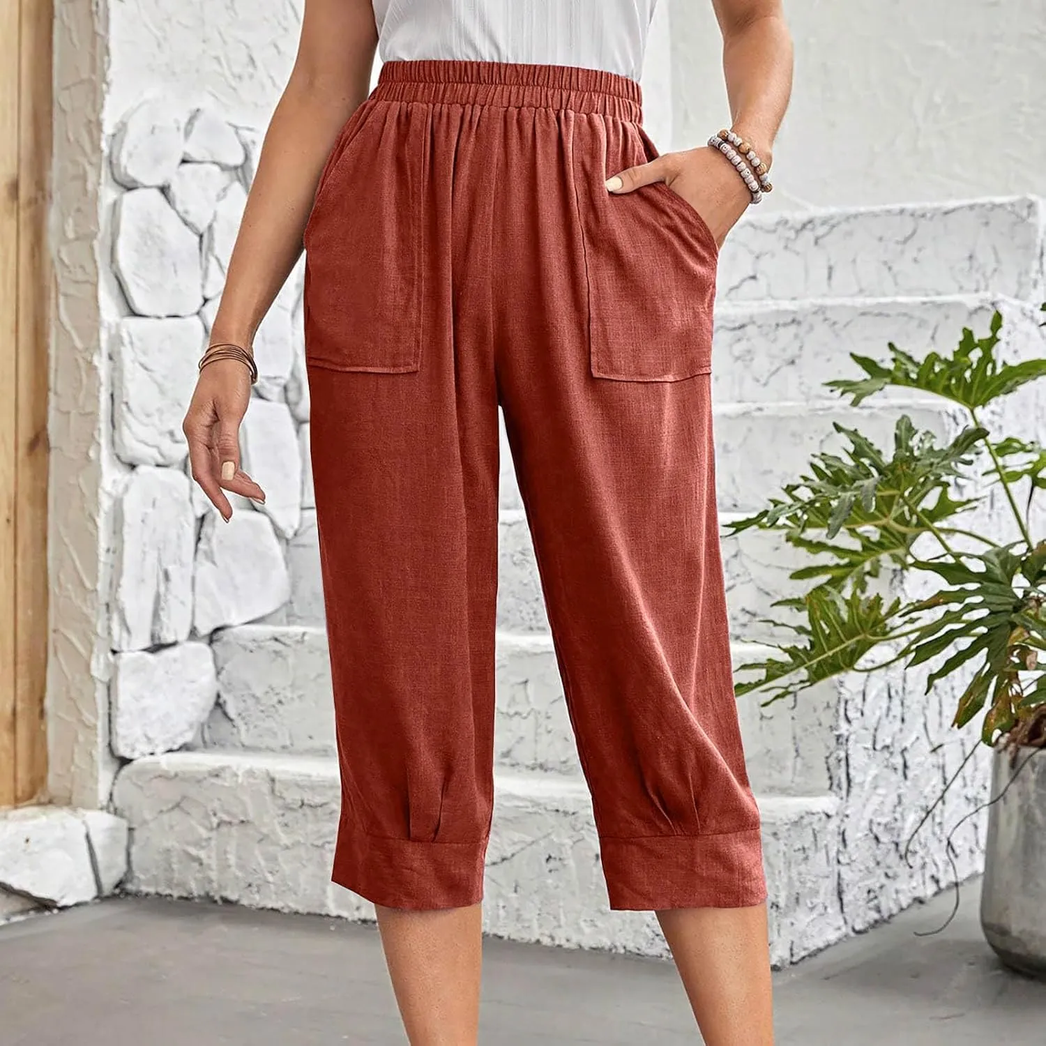 Women Capri Pants Fashion Casual Color Elastic Loose Pants Straight Wide Leg Trousers Vacation Outfits for Women