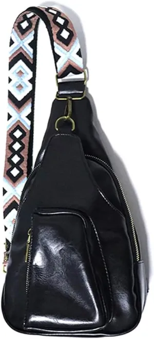 Women Chest Sling Bag with Guitar Strap Small Crossbody Leather Satchel Daypack Shoulder Backpack for Hiking Cycling (black)