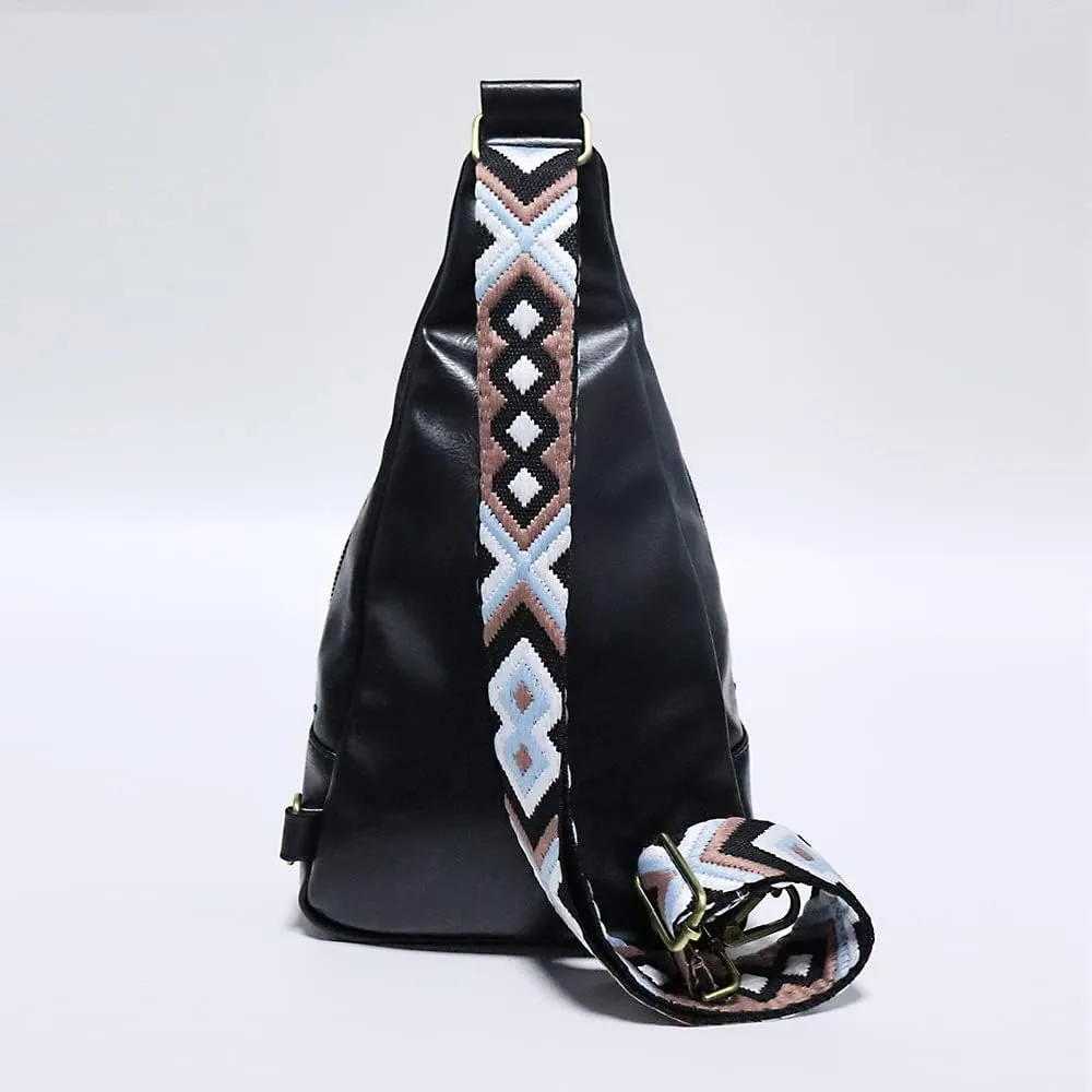 Women Chest Sling Bag with Guitar Strap Small Crossbody Leather Satchel Daypack Shoulder Backpack for Hiking Cycling (black)