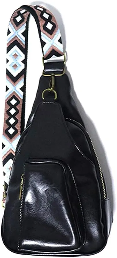 Women Chest Sling Bag with Guitar Strap Small Crossbody Leather Satchel Daypack Shoulder Backpack for Hiking Cycling (black)