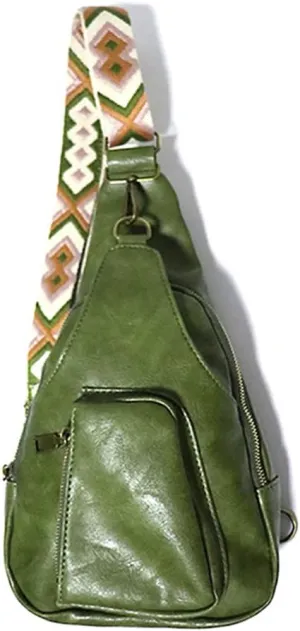 Women Chest Sling Bag with Guitar Strap Small Crossbody Leather Satchel Daypack Shoulder Backpack for Hiking Cycling (green)